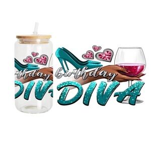 Birthday Diva Glass Tumbler with Straw